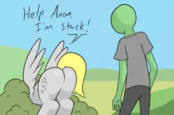 Size: 1637x1080 | Tagged: suggestive, artist:happy harvey, derpibooru import, derpy hooves, oc, oc:anon, human, pegasus, pony, away from viewer, bush, butt, dialogue, drawn on phone, female, grass, help me, hill, image, male, mare, png, presenting, spread wings, stuck, tail, tail aside, wings