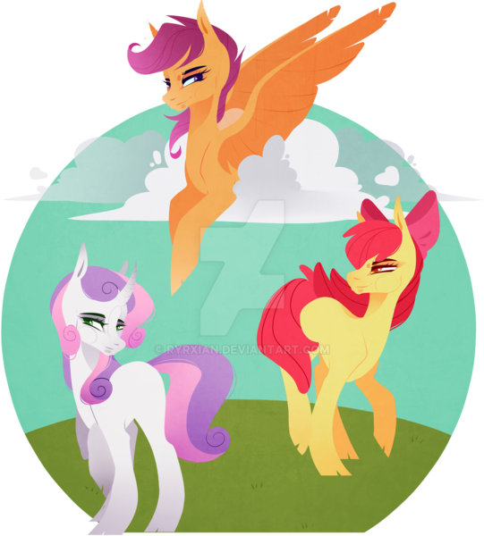 Size: 1280x1419 | Tagged: safe, artist:ryrxian, derpibooru import, apple bloom, scootaloo, sweetie belle, earth pony, pegasus, pony, unicorn, bow, cutie mark crusaders, deviantart watermark, female, filly, foal, hair bow, image, mare, obtrusive watermark, png, simple background, transparent background, watermark