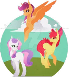 Size: 1280x1419 | Tagged: safe, artist:ryrxian, derpibooru import, apple bloom, scootaloo, sweetie belle, earth pony, pegasus, pony, unicorn, bow, cutie mark crusaders, deviantart watermark, female, filly, foal, hair bow, image, mare, obtrusive watermark, png, simple background, transparent background, watermark