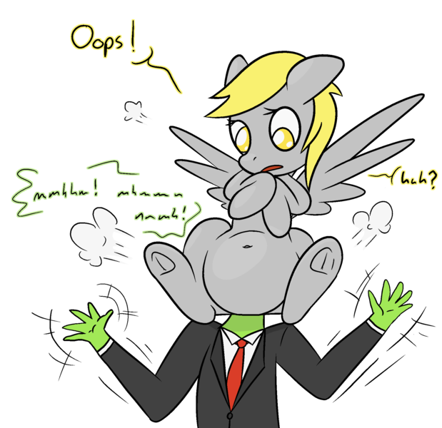 Size: 1940x1880 | Tagged: questionable, artist:happy harvey, derpibooru import, derpy hooves, oc, oc:anon, human, pegasus, pony, accident, accidental vore, ambiguous penetration, belly button, clothes, colored pupils, dialogue, drawn on phone, female, fetish, frog (hoof), image, implied unbirthing, insertion, large insertion, male, mare, necktie, penetration, png, sex, spread legs, spread wings, spreading, stuck, suit, unbirthing, underhoof, vore, waving, wings