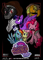 Size: 2481x3508 | Tagged: safe, artist:memprices, derpibooru import, applejack, fluttershy, king sombra, pinkie pie, rainbow dash, rarity, twilight sparkle, twilight sparkle (alicorn), alicorn, earth pony, pegasus, pony, unicorn, antagonist, crossover, evil grin, frown, grin, high res, image, logo, movie poster, my little x, open mouth, open smile, parody, png, shading, signature, smiling, social media, star wars, star wars: the force awakens