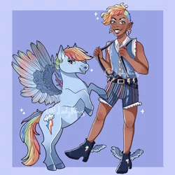 Size: 2048x2048 | Tagged: safe, artist:ladykins, derpibooru import, rainbow dash, human, pegasus, pony, belt, boots, clothes, dark skin, duality, duo, ear piercing, earring, eyeshadow, female, grin, high heel boots, humanized, image, jewelry, makeup, mare, piercing, png, self paradox, self ponidox, shirt, shoes, shorts, smiling, suspenders, unshorn fetlocks, vest