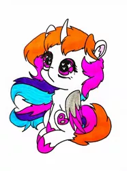 Size: 954x1279 | Tagged: safe, artist:rainbowwing, derpibooru import, oc, oc:rainbowwing, unofficial characters only, alicorn, :<, chest fluff, ear fluff, female, folded wings, hoof shoes, horn, image, jpeg, multicolored hair, multicolored mane, multicolored tail, simple background, sitting, solo, solo female, tail, white background, wings