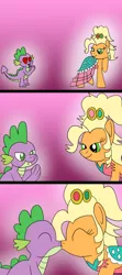 Size: 1024x2304 | Tagged: safe, artist:platinumdrop, derpibooru import, applejack, spike, dragon, earth pony, pony, applejewel, comic, female, image, kissing, male, png, request, shipping, straight