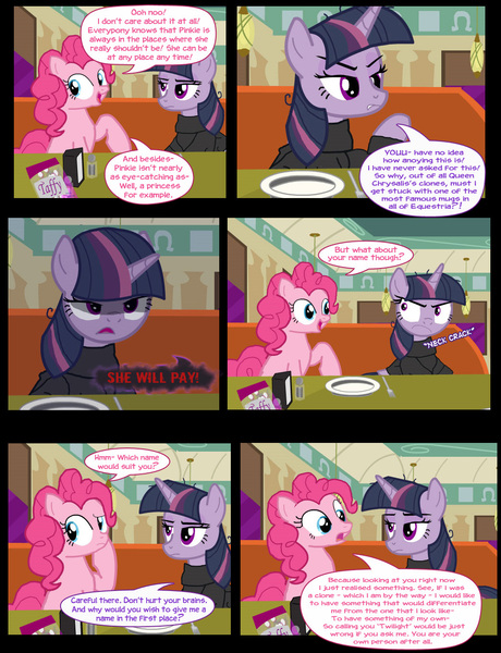 Size: 1042x1358 | Tagged: safe, artist:dendoctor, derpibooru import, mean twilight sparkle, pinkie pie, twilight sparkle, twilight sparkle (alicorn), alicorn, earth pony, pony, comic:clone.., alternate universe, clone, clothes, comic, diner, female, food, fork, image, jpeg, pepper, pinkie clone, plate, salt, taffy