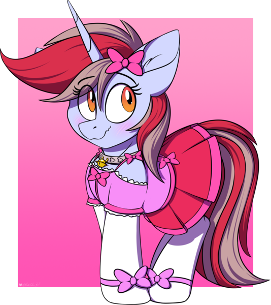 Size: 1820x2044 | Tagged: safe, artist:notetaker, derpibooru import, oc, oc:cinnamon lightning, unofficial characters only, pony, unicorn, clothes, dress, flustered, image, png, simple background, solo