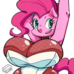 Size: 1000x1001 | Tagged: suggestive, artist:box chan, derpibooru import, pinkie pie, anthro, arm behind head, arms in the air, breasts, busty pinkie pie, choker, clothes, fishnets, image, jpeg, leotard, sidemouth, simple background, tight clothing, white background