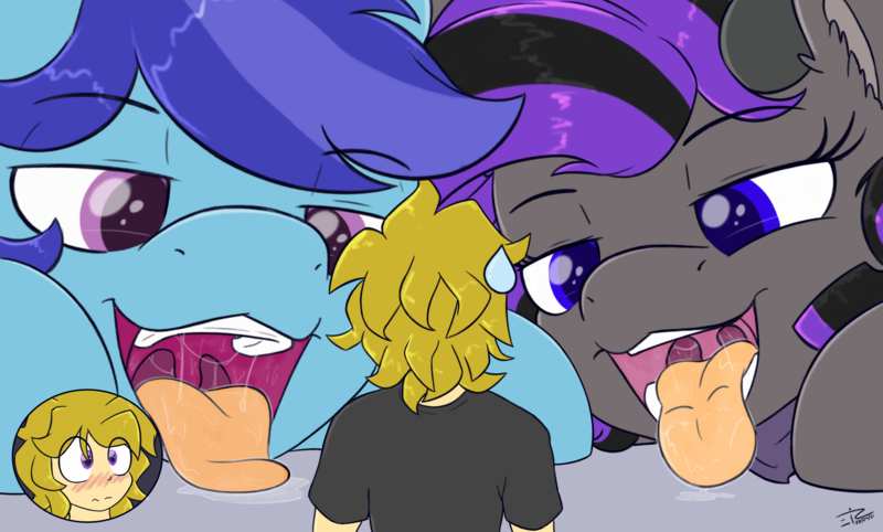 Size: 4228x2550 | Tagged: suggestive, artist:eisky, derpibooru import, oc, oc:eis, oc:marshy, oc:sierra nightingale, human, pegasus, pony, blushing, drool, drool string, hooves, image, lidded eyes, lying down, mawshot, open mouth, png, saliva puddle, salivating, tongue out, uvula, wavy mouth