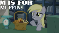 Size: 1280x720 | Tagged: safe, derpibooru import, edit, edited screencap, editor:quoterific, screencap, derpy hooves, pegasus, pony, season 5, slice of life (episode), alphabet, basket, female, food, image, jpeg, mare, muffin, post office, raised hoof, smiling, solo, that pony sure does love muffins