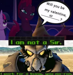 Size: 778x796 | Tagged: safe, derpibooru import, tempest shadow, twilight sparkle, advanced power armor, angry, arch dornan, armor, desert, exploitable meme, fallout, fallout 2, image, jpeg, meme, power armor, sergeant arch dornan, shipping, shitposting, sir