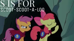 Size: 1280x720 | Tagged: safe, derpibooru import, edit, edited screencap, editor:quoterific, screencap, apple bloom, scootaloo, earth pony, pegasus, pony, season 1, stare master, alphabet, angry, cape, clothes, cmc cape, duo, duo female, female, filly, foal, image, jpeg, scootaloo is not amused, unamused
