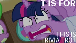 Size: 1280x720 | Tagged: safe, derpibooru import, edit, edited screencap, editor:quoterific, screencap, spike, twilight sparkle, twilight sparkle (alicorn), alicorn, dragon, pony, a trivial pursuit, season 9, spoiler:s09, alphabet, angry, duo, female, image, jpeg, male, mare, open mouth, ragelight sparkle, shrunken pupils, solo focus, this is trivia trot, trivia trot, winged spike, wings, yelling