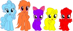 Size: 1610x698 | Tagged: safe, derpibooru import, apple bloom, pinkie pie, rainbow dash, scootaloo, sweetie belle, earth pony, pegasus, pony, unicorn, adorabloom, blue, colors, cute, cutealoo, cutie mark crusaders, dashabetes, diapinkes, diasweetes, female, filly, foal, g4, hugpony poses, image, mare, not sprout cloverleaf, orange (color), png, purple, red, seeprout, simple background, transparent background, yellow, спрауты