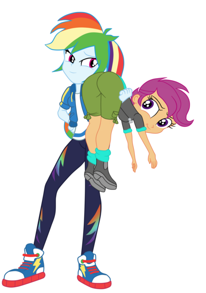 Size: 1930x2738 | Tagged: safe, artist:gmaplay, derpibooru import, rainbow dash, scootaloo, equestria girls, butt, carrying, image, png, scootabutt, simple background, the ass was fat, transparent background
