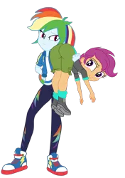 Size: 1930x2738 | Tagged: safe, artist:gmaplay, derpibooru import, rainbow dash, scootaloo, equestria girls, butt, carrying, image, png, scootabutt, simple background, the ass was fat, transparent background