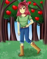 Size: 1080x1350 | Tagged: safe, artist:almira.a_art, derpibooru import, apple bloom, equestria girls, apple, apple tree, blushing, food, image, jpeg, solo, tree