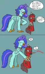 Size: 1776x2918 | Tagged: safe, artist:supahdonarudo, derpibooru import, oc, oc:ironyoshi, oc:sea lilly, unofficial characters only, classical hippogriff, hippogriff, unicorn, 2 panel comic, birthday, camera, clothes, comic, dialogue, hands on shoulder, hat, image, jewelry, necklace, new student starfish, noisemaker, party hat, png, reference, shirt, simple background, sitting, speech bubble, spongebob squarepants, text, unamused