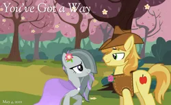 Size: 2064x1262 | Tagged: safe, artist:cartoonlover826, artist:matty4z, artist:sugar-loop, derpibooru import, braeburn, marble pie, earth pony, pony, 2022, boutonniere, braeble, cherry tree, clothes, courtship, dress, female, flower, flower in hair, garden, image, looking at each other, looking at someone, lyrics in the description, male, mare, may, png, shania twain, shipping, smiling, smiling at each other, song reference, stallion, straight, tree, you've got a way, youtube link in the description