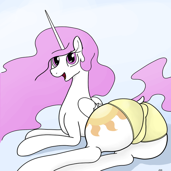 Size: 2000x2000 | Tagged: questionable, artist:notawriteranon, derpibooru import, princess celestia, alicorn, pony, anus, anus cameltoe, butt, cameltoe, clothes, dock, female, image, looking at you, looking back, looking back at you, lying down, nudity, open mouth, open smile, pink-mane celestia, png, ponut, prone, smiling, sunbutt, tail, underwear