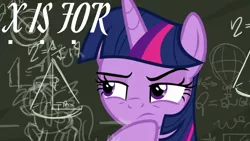 Size: 1280x720 | Tagged: safe, derpibooru import, edit, edited screencap, editor:quoterific, screencap, twilight sparkle, twilight sparkle (alicorn), alicorn, pony, season 9, sparkle's seven, spoiler:s09, ..., alphabet, female, image, jpeg, mare, math lady meme, meme origin, reference, solo, x