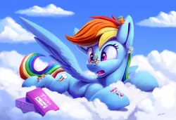 Size: 2000x1369 | Tagged: safe, artist:tsitra360, derpibooru import, rainbow dash, oc, changeling, deer, deer pony, original species, pegasus, pony, box, cloud, commission, image, jpeg, micro, open mouth, sitting, sitting on nose, size difference, sky, surprised, ych result