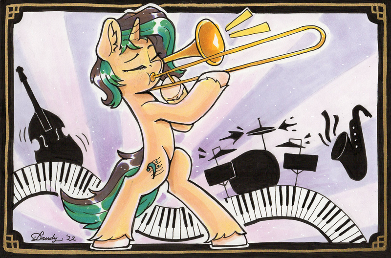 Size: 2684x1770 | Tagged: safe, artist:dandy, derpibooru import, oc, pony, unicorn, ear fluff, eyes closed, horn, image, jazz, marker drawing, musical instrument, piano, playing instrument, png, raffle prize, signature, solo, traditional art, trombone, unicorn oc, unshorn fetlocks