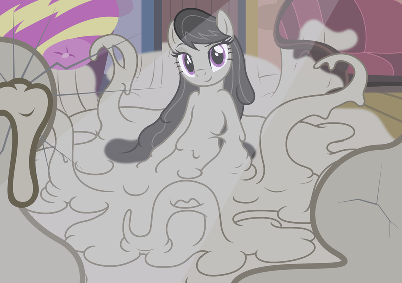 Size: 2969x2094 | Tagged: safe, artist:badumsquish, derpibooru import, octavia melody, earth pony, goo, goo pony, original species, pony, against glass, color change, couch, crack, derpibooru exclusive, door, dreamworks face, female, glass, image, looking at you, meltavia, melting, meta, png, puddle, screen, shapeshifter, shapeshifting, smiling, smirk, solo, species swap, tentacles, vinyl and octavia's home