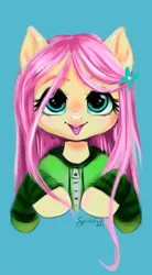 Size: 1311x2373 | Tagged: safe, artist:sprinklefest, derpibooru import, fluttershy, pony, antonymph, bust, clothes, female, fluttgirshy, full face view, gir, hair accessory, hoodie, image, jpeg, looking at you, mare, open mouth, open smile, raised hoof, raised hooves, simple background, smiling, solo, stray strand, teal background