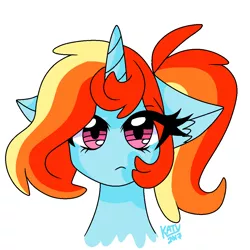 Size: 1080x1080 | Tagged: safe, artist:artiebrushiez, derpibooru import, oc, oc:artie brush, unofficial characters only, pony, unicorn, bust, eye clipping through hair, eyelashes, female, floppy ears, frown, horn, image, mare, multicolored hair, png, ponytail, portrait, rainbow hair, signature, simple background, solo, unicorn oc, white background