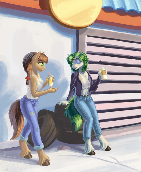 Size: 1200x1462 | Tagged: safe, artist:kirillk, derpibooru import, oc, oc:twisted gears, unofficial characters only, anthro, unguligrade anthro, clothes, duo, eyepatch, image, jacket, jeans, jpeg, pants