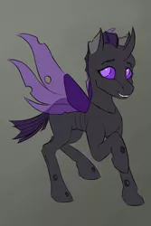 Size: 2000x3000 | Tagged: safe, artist:stardustspix, derpibooru import, oc, oc:alcippe, changeling, equestria at war mod, fangs, female, gradient background, image, png, purple changeling, smiling, solo