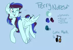 Size: 1600x1100 | Tagged: safe, artist:perrydoodles, derpibooru import, oc, oc:perry notes, pegasus, pony, cutie mark, female, image, mare, music notes, one eye closed, pencil, png, reference sheet, text, tongue out, wings, wink