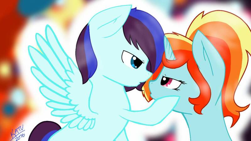 Size: 1280x720 | Tagged: safe, artist:artiebrushiez, derpibooru import, oc, oc:artie brush, oc:perry notes, unofficial characters only, pegasus, pony, unicorn, abstract background, duo, duo female, female, horn, image, jpeg, mare, multicolored hair, oc x oc, ponytail, rainbow hair, shipping, wings