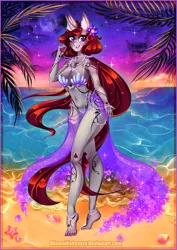 Size: 2893x4092 | Tagged: suggestive, alternate version, artist:minamikoboyasy, derpibooru import, oc, oc:selune darkeye, unofficial characters only, anthro, plantigrade anthro, starfish, unicorn, anthro oc, bare shoulders, barefoot, beach, beautiful, belly button, belly piercing, body markings, bra, bracelet, breasts, busty oc, cleavage, clothes, coat markings, commission, conch, cute, ear fluff, facial markings, feet, female, flower, flower in hair, foot jewelry, hair bobble, hair twirl, happy, holiday, horn, image, jewelry, long hair, looking at you, midriff, moon, necklace, palm tree, pearl bracelet, pearl necklace, piercing, png, sarong, seashell, seashell bra, sexy, smiling, smiling at you, snip (coat marking), solo, solo female, sparkles, stars, summer, sunset, swimsuit, tail, toes, tree, underwear, unicorn oc, water lily, wide hips