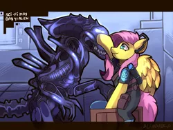 Size: 2650x2000 | Tagged: safe, artist:freak-side, derpibooru import, fluttershy, alien, pegasus, pony, xenomorph, alien (franchise), clothes, crate, crossover, duo, female, headset, image, indoors, letterboxing, looking at something, looking up, mare, partially open wings, petting, png, raised hoof, sitting, smiling, uniform, wings