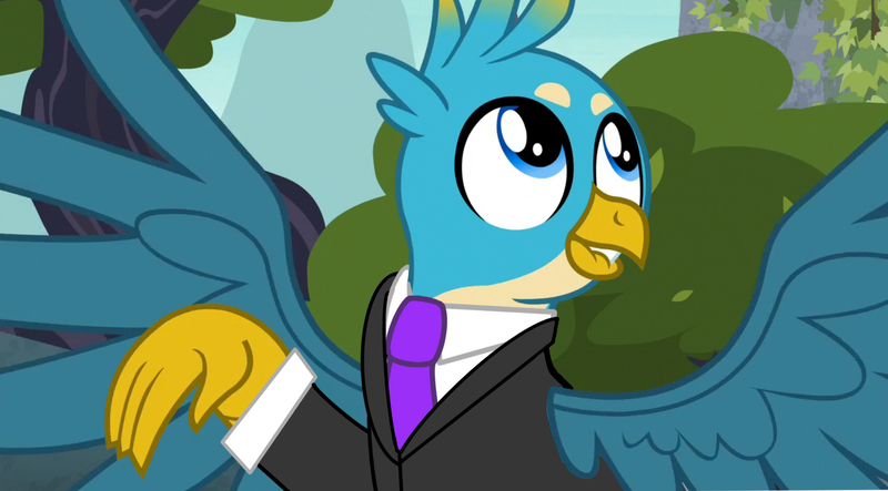 Size: 2333x1293 | Tagged: safe, derpibooru import, edit, edited screencap, screencap, gallus, gryphon, school daze, clothes, cute, gallabetes, image, male, necktie, png, solo, suit