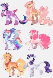 Size: 1280x1883 | Tagged: safe, artist:wanderingpegasus, derpibooru import, applejack, fluttershy, pinkie pie, rainbow dash, rarity, twilight sparkle, twilight sparkle (alicorn), alicorn, earth pony, pegasus, pony, unicorn, alternate design, alternate hairstyle, applejack's hat, bandana, chest fluff, cowboy hat, curved horn, cute, eyes closed, eyeshadow, female, freckles, grin, hat, horn, image, jpeg, leg fluff, leonine tail, looking at each other, looking at someone, makeup, mane six, mare, markings, raised hoof, raised leg, redesign, simple background, smiling, straw in mouth, tail, twitterina design, unshorn fetlocks, wall of tags, white background