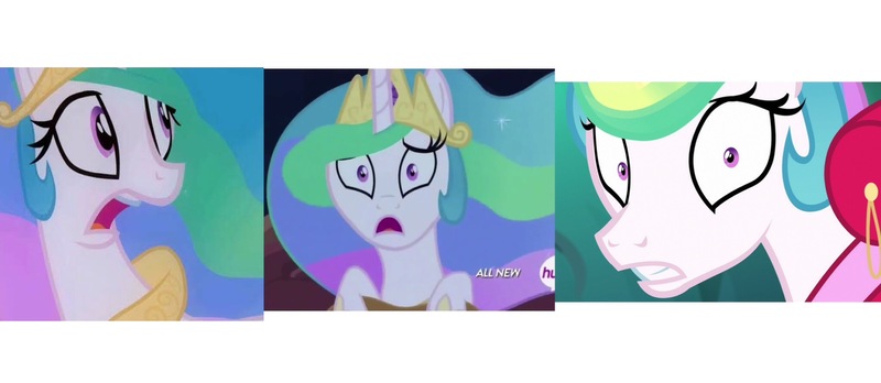 Size: 2048x892 | Tagged: safe, derpibooru import, edit, edited screencap, screencap, princess celestia, alicorn, pony, between dark and dawn, swarm of the century, twilight's kingdom, big eyes, close-up, comparison, crown, cute, eyelashes, face, flowing mane, gasp, image, jewelry, jpeg, regalia, scared, scaredlestia, shrunken pupils, sideburns, surprised face, teeth