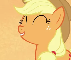 Size: 608x514 | Tagged: safe, derpibooru import, screencap, applejack, earth pony, pony, all bottled up, season 7, best friends until the end of time, cropped, cute, eyes closed, female, freckles, image, jackabetes, mare, orange background, png, simple background, smiling, solo