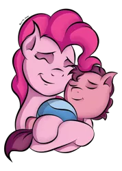 Size: 1006x1409 | Tagged: safe, artist:johesy, derpibooru import, pinkie pie, oc, oc:little brian, earth pony, pony, banned from equestria daily, baby, baby pony, ball, colt, eyes closed, female, foal, hug, image, male, mare, mother, mother and child, mother and son, offspring, parent:oc:big brian, parent:pinkie pie, parents:canon x oc, png, simple background, smiling, transparent background
