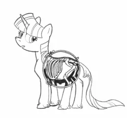 Size: 1591x1503 | Tagged: safe, artist:spectralunicorn, derpibooru import, twilight sparkle, classical unicorn, pony, unicorn, black and white, bone, cloven hooves, egg, female, grayscale, image, jpeg, leonine tail, looking back, mare, monochrome, simple background, skeleton, solo, unicorn twilight, unshorn fetlocks, wat, white background, x-ray