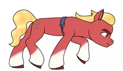 Size: 3199x1850 | Tagged: safe, artist:dancingkinfiend, derpibooru import, sprout cloverleaf, earth pony, pony, my little pony: a new generation, belt, blonde, blonde hair, blonde mane, blonde tail, coat markings, colored hooves, concentrating, cutie mark, derpibooru exclusive, eyebrows down, frown, g5, high res, hooves, image, male, png, raised hoof, raised leg, red fur, serious, serious face, socks (coat marking), solo, stallion, tail, walking, wavy hair, wavy mane
