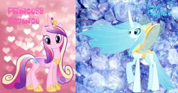 Size: 1608x842 | Tagged: safe, artist:pagiepoppie12345, derpibooru import, princess cadance, queen chrysalis, alicorn, changedling, changeling, changeling queen, pony, canterlot wedding 10th anniversary, changedling queen, crown, crystal, duo, duo female, female, heart, heart background, image, jewelry, looking at you, mare, png, purified chrysalis, raised hoof, reformed, regalia, smiling, text, wallpaper