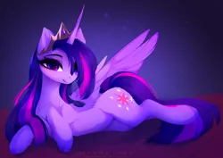 Size: 2780x1968 | Tagged: safe, artist:magnaluna, derpibooru import, princess twilight 2.0, twilight sparkle, twilight sparkle (alicorn), alicorn, pony, the last problem, beautiful, cute, female, high res, image, looking at you, lying down, mare, older, older twilight, png, side, signature, smiling, smiling at you, solo, spread wings, twiabetes, wings