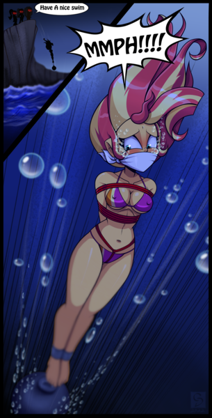 Size: 1280x2522 | Tagged: grimdark, questionable, artist:gaggeddude32, derpibooru import, adagio dazzle, aria blaze, sonata dusk, sunset shimmer, equestria girls, ankle tied, arm behind back, asphyxiation, bad end, belly button, bikini, bondage, bound and gagged, bubble, cliff, cloth gag, clothes, comic, commission, crotch rope, dialogue, drowning, erect nipples, execution, female, females only, femsub, fetish, gag, image, looking down, muffled words, night, nipple outline, peril, png, red eyes, rope, rope bondage, screaming, shackles, silhouette, submissive, subset, swimsuit, the dazzlings, tied up, underwater, weight, word balloon