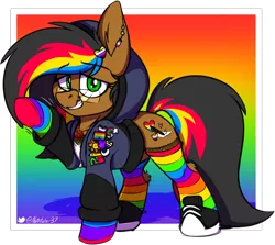 Size: 920x820 | Tagged: safe, artist:notetaker, derpibooru import, oc, oc:notetaker, unofficial characters only, earth pony, pony, clothes, fake cutie mark, glasses, gradient background, hair dye, hoodie, image, nonbinary, nonbinary pride flag, pentagram, piercing, pins, png, pride, pride flag, rainbow socks, shoes, socks, solo, striped socks, waving