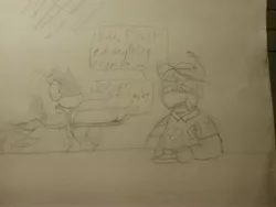 Size: 4096x3072 | Tagged: safe, artist:jontfurry, derpibooru import, oc, oc:isabel, unofficial characters only, alicorn, frog, pony, cake, dialogue, feather, food, hat, horn, image, jewelry, jpeg, looking down, parappa the rapper, pencil drawing, prince fleaswallow, ring, sketch, smiling, speech bubble, stuffed, text, traditional art, wings