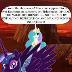 Size: 1080x1080 | Tagged: safe, artist:chanyhuman, derpibooru import, princess celestia, twilight sparkle, twilight sparkle (alicorn), alicorn, pony, equestria girls, 1000 hours in ms paint, celestia is not amused, comic, dark, female, image, link in source, mare, may the fourth be with you, midnight sparkle, nightmare twilight, nightmarified, parody, png, read description, reference, star wars, star wars: revenge of the sith, twilight is anakin, unamused