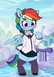 Size: 1024x1468 | Tagged: safe, artist:pabbley, color edit, derpibooru import, edit, edited screencap, editor:maonyman, screencap, rainbow dash, pegasus, pony, semi-anthro, alternate hairstyle, bipedal, blushing, braid, braided pigtails, clothes, cloudsdale, colored, cute, dashabetes, ear fluff, female, flower, flower in hair, image, looking down, mare, necktie, pleated skirt, png, rainbow dash always dresses in style, school uniform, schoolgirl, shoes, skirt, socks, solo, spread wings, stockings, thigh highs, wings, zettai ryouiki
