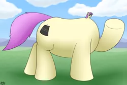 Size: 3408x2298 | Tagged: safe, artist:the-furry-railfan, derpibooru import, oc, oc:tuffy tonnes, unofficial characters only, pony, unicorn, disproportional anatomy, image, large butt, macro, png, small head, solo, tiny head, waving